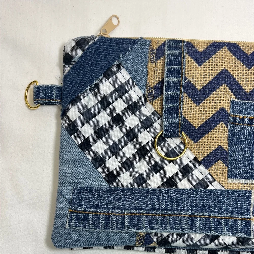 Handmade Blue and Tan Patchwork Clutch - Picture 2 of 7